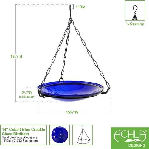 Miniatura 2 de Achla Designs 201-6030 Crackle Glass Hanging, 14 inl, baño para pájaros azul cobalto