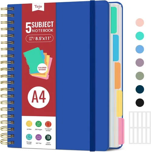 Miniatura 10 de Cuadernos de espiral con tapa dura para el trabajo con divisores y pestañas removibles, de 8.5"x11" con 5 divisiones para tomar notas y organizador