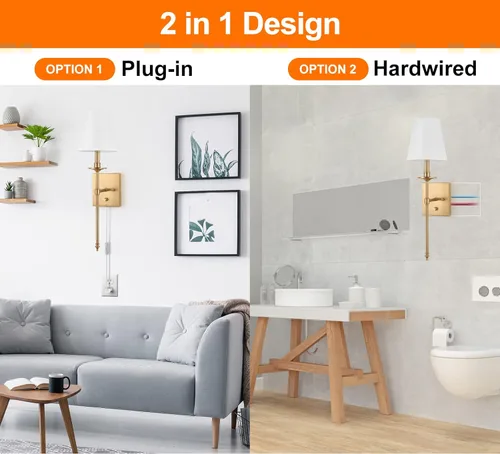 Miniatura 5 de Juego de dos apliques de pared regulables, apliques de pared enchufables con pantalla de tela blanca, lámpara de pared para dormitorio, sala
