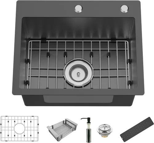 Miniatura 10 de Fregadero de cocina y bar, 20 x 16 pulgadas, de acero inoxidable, moderno, de un solo tazón, montaje superior, fregadero de cocina y bar, rejilla