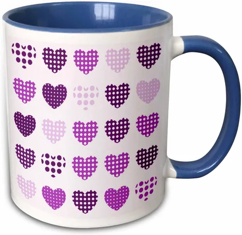 Miniatura 11 de 3dRose Taza de café, tamaño: 15 onzas, patrón de corazones de lunares morados y blancos en una fila, divertido regalo de taza de café