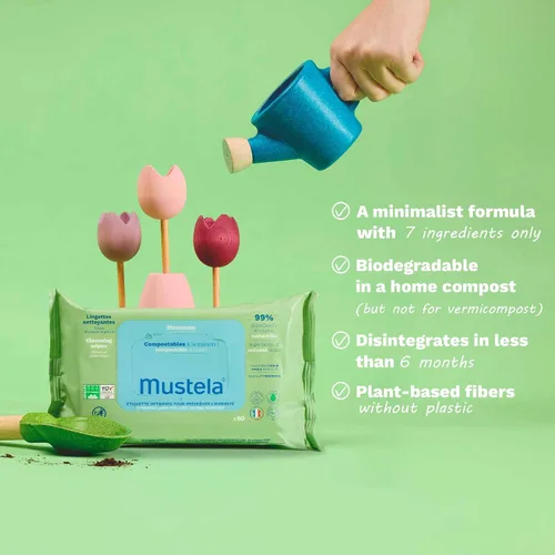 Miniatura 3 de Mustela Baby Home Toallitas limpiadoras compostables – Para la cara, el cuerpo y el área del pañal – 99% de ingredientes de origen natural y fibras