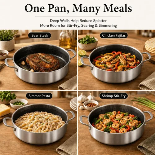 Miniatura 8 de DELARLO Sartén de tres capas de acero inoxidable de 10 pulgadas Sartén de freír profunda de 3QT con tapa Sartén de saltear con tapa Compatible