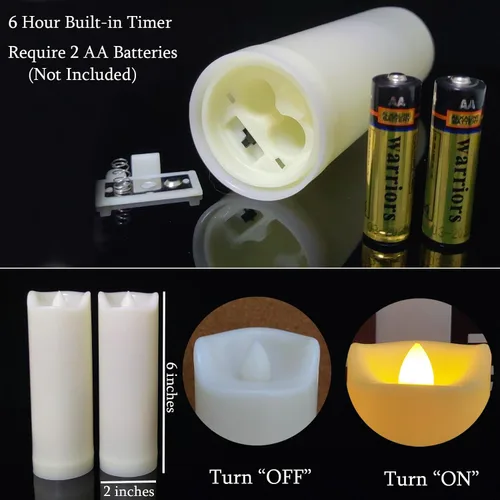 Miniatura 6 de Velas LED operadas por batería de 2"x6" de plástico, parpadeantes, sin llama, con temporizador, impermeables para exteriores, velas de pilar