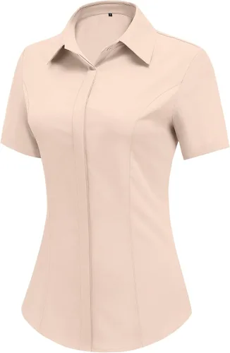Miniatura 12 de HOTOUCH Camisas de manga corta con botones para mujer, blusa con cuello ajustado, blusa básica de verano para oficina, tallas S-2XL