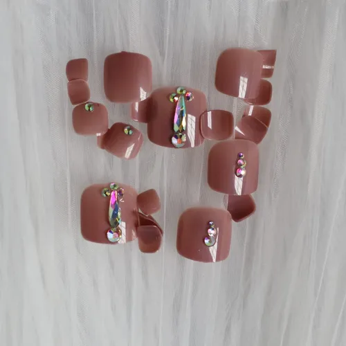 Miniatura 2 de 24 uñas de los pies a presión color caqui para los dedos de los pies, elegantes y exquisitas piedras brillantes, uñas postizas para novias, puntas