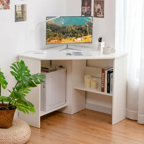 Miniatura 11 de Escritorio esquinero Tangkula, escritorio de computadora de 90 grados en forma de triángulo para espacios pequeños, escritorio esquinero