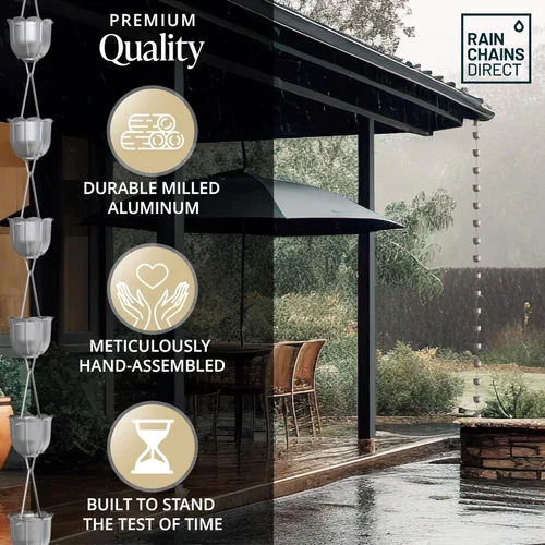 Miniatura 4 de Rain Chains Direct - Cadena de lluvia de flautas - 8.5 pies - Aluminio fresado - Cadenas de lluvia premium para canalones 2-Gris