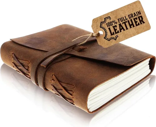 Cuaderno de escritura de cuero, cuaderno encuadernado vintage hecho a mano para hombres y mujeres, escribe en papel grueso liso, páginas pequeñas en