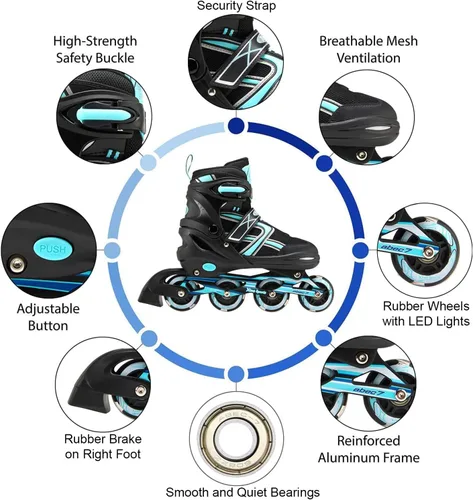 Miniatura 8 de Xino Sports Patines en línea para niños y niñas – Patines ajustables con ruedas iluminadas LED – Patines juveniles para interiores y exteriores Negro