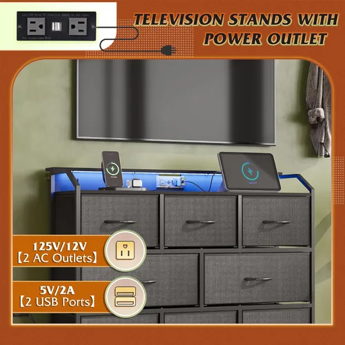 Miniatura 7 de WLIVE Cómoda LED para dormitorio, soporte de TV negro para dormitorio con luces LED y toma de corriente, cómoda ancha para pasillo, 8 cajones