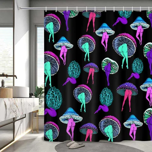 Divertida cortina de ducha de hongos psicodélicos hippie, decoración de baño, lindo tatuaje de trasero, vegetariano, botánico, vegano, hongo,