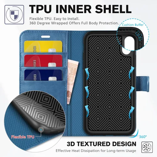 Miniatura 5 de TUCCH Funda tipo cartera para iPhone XR, piel sintética con función atril, carga inalámbrica [carcasa de TPU a prueba de golpes] con bloqueo RFID
