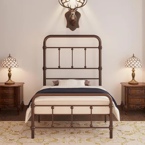 Giselle - Base de cama individual con cabecera para niños, de metal antiguo vintage, base de colchón de plataforma, 49 pulgadas de alto, no necesita
