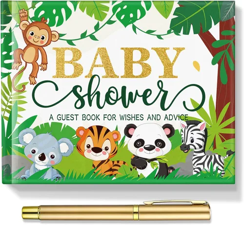 Fuyoooo 27 piezas de libro de invitados para baby shower de safari en la jungla con tarjeta de lugar floral y sello de inicio de sesión para baby