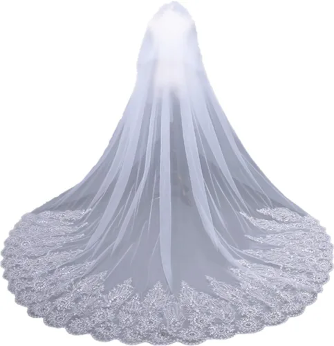 Velo de novia para mujer, 2 niveles, largo, velo, catedral, con peine, encaje con diamantes, vestido largo de graduación, velo de boda nupcial