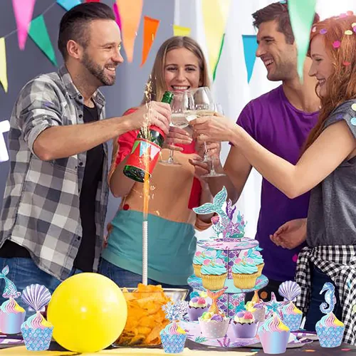Miniatura 6 de Soporte para cupcakes de sirena, 3 niveles con 12 adornos Bajo el tema del mar, decoraciones de fiesta de cumpleaños para niñas, suministros