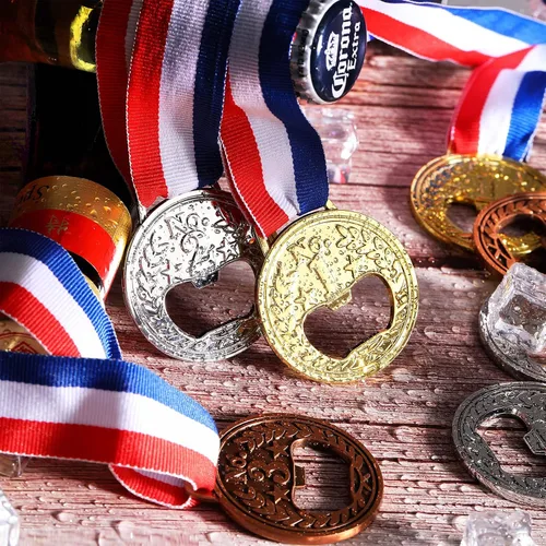 Miniatura 7 de Honeydak Abrebotellas plano en forma de medalla, 18 piezas, premio de metal, oro, plata, cobre, abretrofeos, con cinta para el cuello, para fiesta