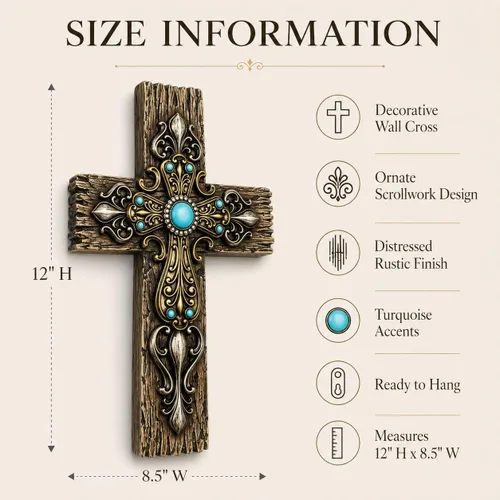 Miniatura 9 de Comfy Hour Cruz de pared de madera sintética rústica de 12 pulgadas con detalles turquesa, placa religiosa victoriana ornamentada, decoración