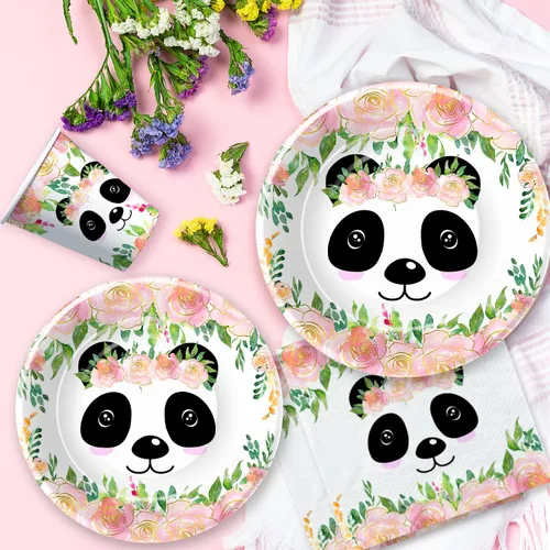 Miniatura 7 de Suministros de fiesta de panda para cumpleaños y baby shower, decoración de fiesta de cumpleaños de panda para niñas, plato de papel, taza