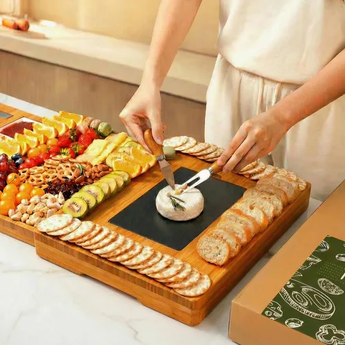 Miniatura 3 de Juego de tablas de charcutería extra grandes de 33.7 x 15.7 pulgadas, juego de tabla de queso y cuchillos 100% de bambú, bandeja de plato de queso