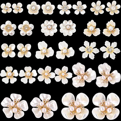 Miniatura 16 de HINZIC 40 piezas de botones de diamantes de imitación de perlas, broches de flores, adornos dorados y plateados, dijes decorativos de boda
