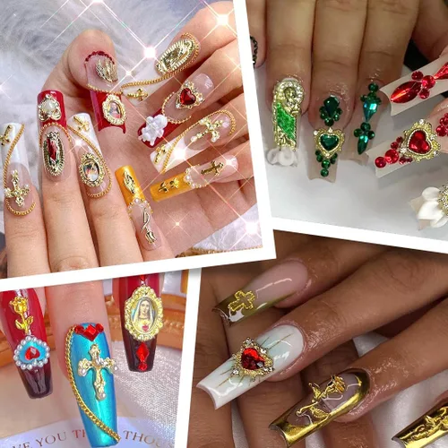 Miniatura 4 de 107 piezas de dijes de uñas de la Virgen María en cruz dorada, dijes de San Judas en aleación 3D en forma de corazón y rosa, ángel con strass