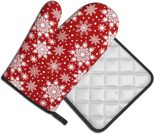Miniatura 2 de Juego de 2 guantes de horno rojos de copos de nieve de Navidad y agarradera, adecuados para barbacoas, hornear, cocinar, microondas