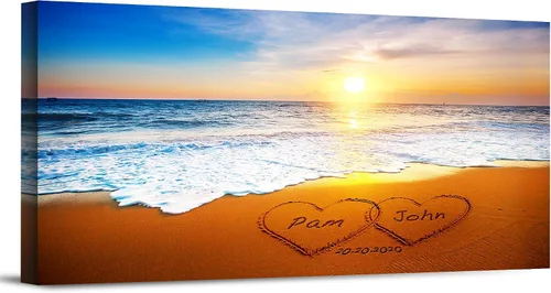 Miniatura 15 de Corazón y corazón en hermoso amanecer fotos personalizadas únicas o impresiones en lienzo con nombres de pareja y fecha especial en la playa, regalo