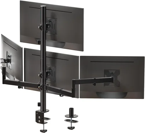 WALI Soporte para monitor cuádruple para pantallas de 13 a 27 pulgadas, soporte de 4 monitores totalmente ajustable con kit de base giratoria,