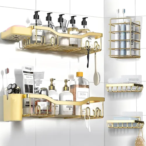 Miniatura 30 de NESOMI Organizador de Ducha Adhesivo Juego de 7 Piezas, Estantes de Baño de Acero Inoxidable a Prueba de Óxido, Accesorios de Almacenamiento sin