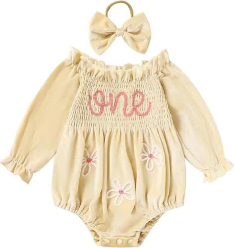 Miniatura 15 de GRNSHTS Ropa de primer cumpleaños para niña de terciopelo de un año de edad, mameluco de manga larga + diadema, 2 piezas de trajes de pastel