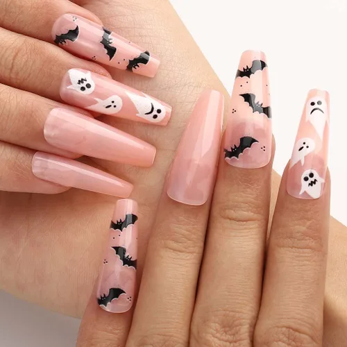 Miniatura 3 de Uñas postizas de Halloween con diseño de ataúd, uñas postizas acrílicas extralargas con diseños, uñas postizas de cobertura completa con gel, 24