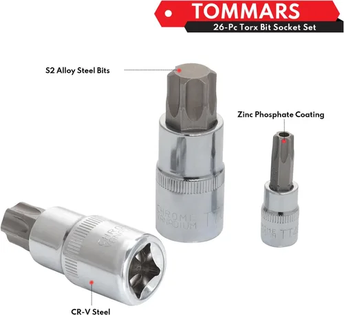 Miniatura 4 de TOMMARS Juego de 60 piezas de enchufes de brocas Torx Master y juego de enchufes externos de 1/4", 3/8", 1/2" de transmisión, brocas de acero S2