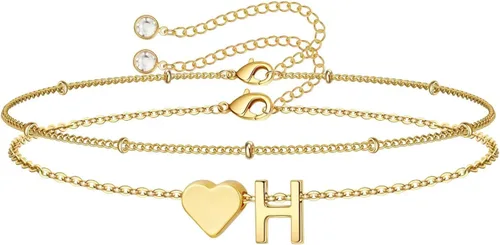 Miniatura 35 de M MOOHAM Pulseras de oro con inicial de corazón para mujer, pulseras con dije de letra A-Z de corazón dorado en capas para mujer, pulseras