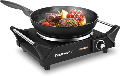 Placa caliente, estufa eléctrica Techwood para cocinar, encimera de 1500 W, quemador individual con temperatura y asas ajustables, placa de cocina