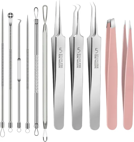 Kit de herramientas para eliminar puntos negros, juego de 11 piezas de extractor de acné de acero inoxidable, pinzas ultra afiladas para eliminación