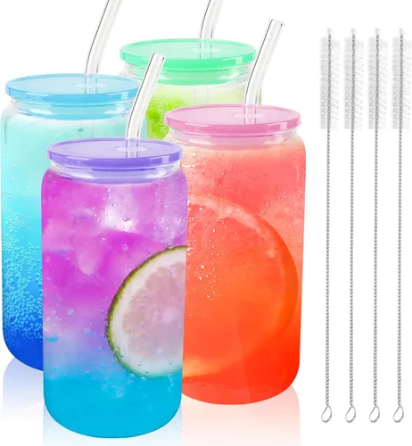 Miniatura 14 de Joyclub 4 vasos de vidrio con tapas y pajitas acrílicas, tazas de café helado de vidrio de 16 onzas con tapas y pajitas, lindos vasos para beber