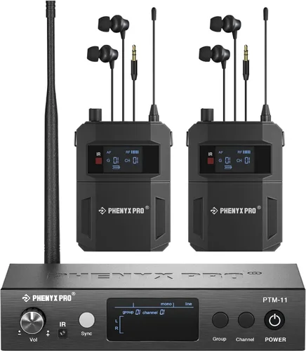 Phenyx Pro Sistema de monitor inalámbrico en el oído, monitores de oído dual para músicos, monitor de escenario mono, IEM de metal con 2 paquetes de