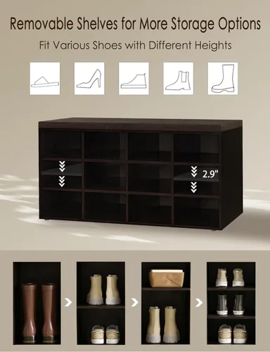 Miniatura 9 de DINZI LVJ Banco de almacenamiento de zapatos con cojín, zapatero con 12 cubículos, estantes ajustables, banco organizador de zapatos multifuncional