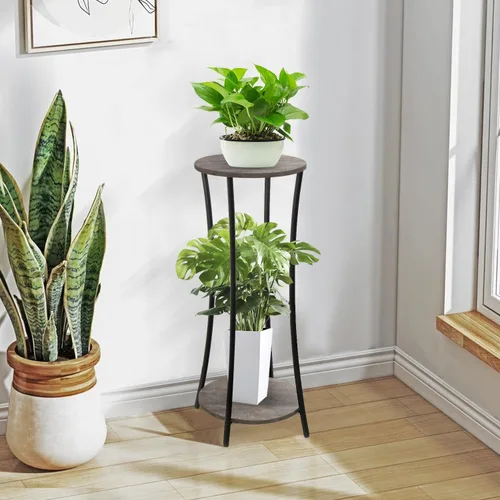 Miniatura 6 de YINMIT - Soporte para plantas de interior, estante de 2 niveles y redondo para macetas, estante para macetas de flores, estante de soportes Gris