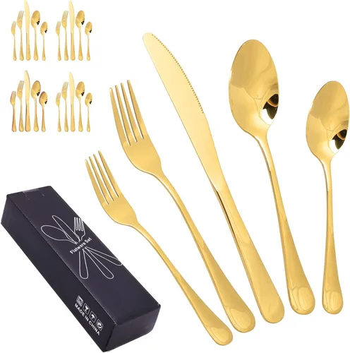 Miniatura 6 de Juego de cubiertos de acero inoxidable, juego de vajilla de 20 piezas, elegante cuchillo, tenedor, cuchara, cubiertos, servicio para 4 (dorado)