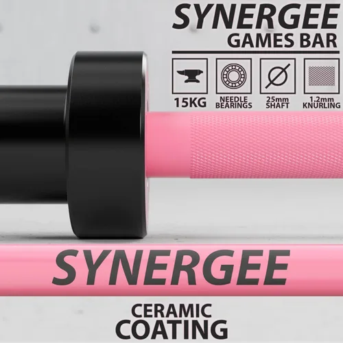 Miniatura 2 de Synergee Games Barras olímpicas recubiertas de cerámica de 15 kg y 20 kg en color. Estimadas en 1500 libras para levantamiento de pesas y potencia.