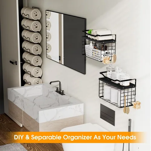 Miniatura 5 de Toalleros para baño, toallero montado en la pared, soporte para toallas de 6 niveles enrolladas o dobladas con estantes flotantes, portotoallas