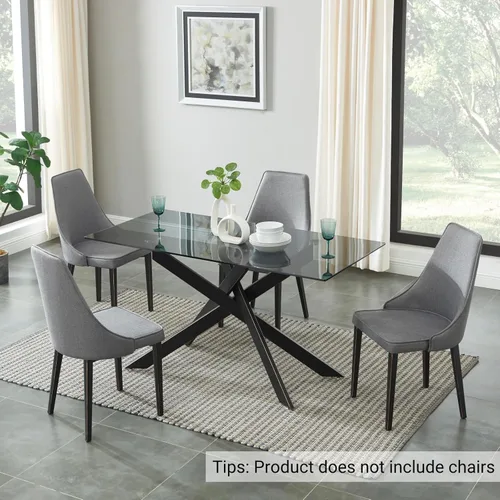 Miniatura 5 de Mesa de comedor de estilo moderno con parte superior de vidrio templado gris y patas tubulares de metal negro, 58.5 pulgadas de largo x 29 pulgadas