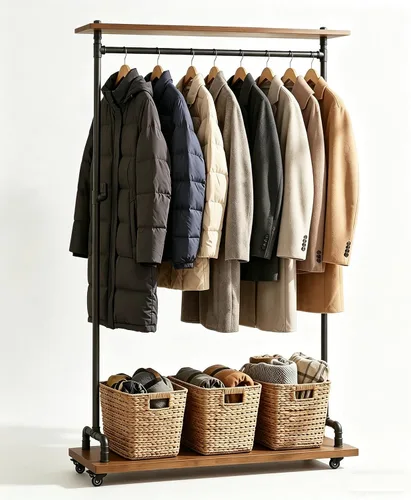 Perchero industrial de tubería con ruedas, percheros de hierro rodante con estantes de madera, percheros comerciales resistentes, perchero de ropa