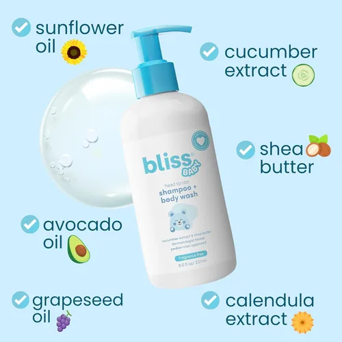 Miniatura 4 de Bliss Champú para bebés y gel de baño, 2 en 1 de primera calidad para bebés, niños pequeños y niños, sin perfume e hipoalergénico - Jabón suave