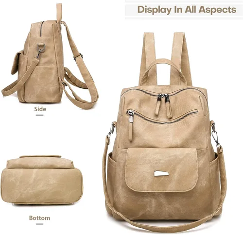 Miniatura 2 de Mochila de cuero para mujer, mochila de viaje de moda vintage, Caqui, Mochilas de viaje