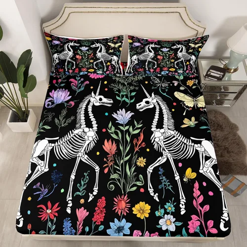 Erosebridal Sábanas de cama de polilla de la muerte, sábana bajera ajustable de calavera gótica, tamaño individual, sábanas florales de flores