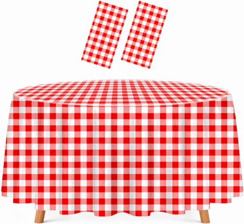 Miniatura 10 de HEIPINIUYE - Paquete de 2 manteles redondos de 84 pulgadas de plástico beige, manteles de mesa impermeables desechables para redondas, ideales